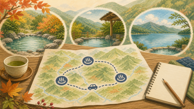 山あいの温泉地をゆとりある旅程で巡る計画を描いた生成ビジュアル
