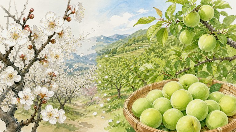 群馬の梅が春に咲き初夏に青梅の収穫を迎える季節の流れを描いた生成ビジュアル