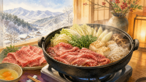 雪山を望む冬の食卓に牛肉と県産食材のすき焼き鍋を描いた挿絵