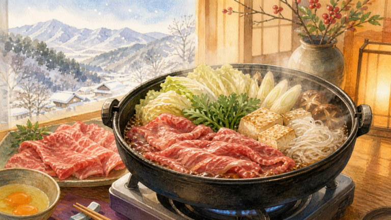 雪山を望む冬の食卓に牛肉と県産食材のすき焼き鍋を描いた挿絵
