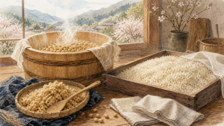 木桶と大豆、米麹を並べた山里の味噌仕込みを描く挿絵