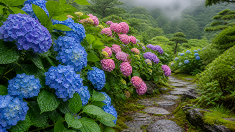 雨上がりの庭に青・紫・ピンクのあじさいが咲く生成画像