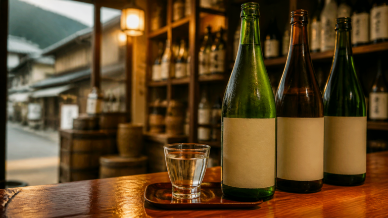 木のカウンターに日本酒の瓶と酒器を並べた酒屋のイメージ画像