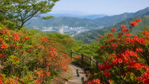 新緑の山並みと温泉街を望む展望地に咲く赤い山つつじを表現した生成イメージ
