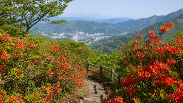 新緑の山並みと温泉街を望む展望地に咲く赤い山つつじを表現した生成イメージ