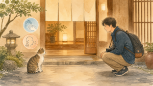 宿で猫に出会ったときに距離を保って静かに見守るマナーを描いた生成ビジュアル