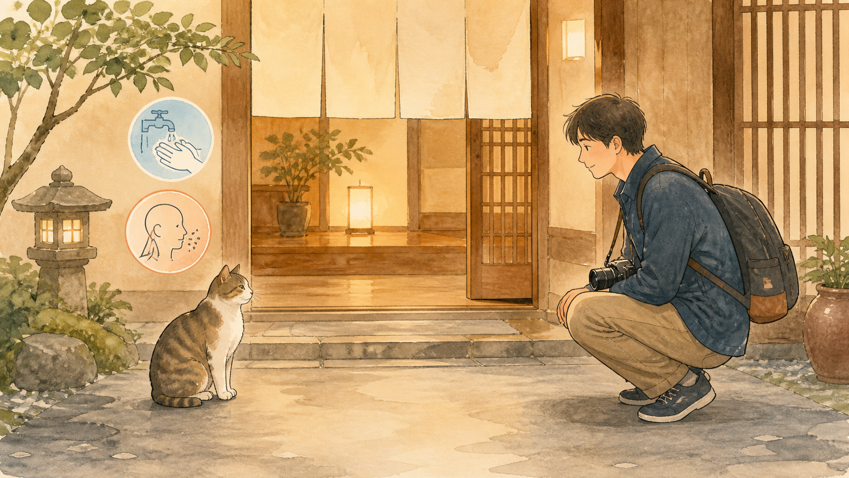 宿で猫に出会ったときに距離を保って静かに見守るマナーを描いた生成ビジュアル