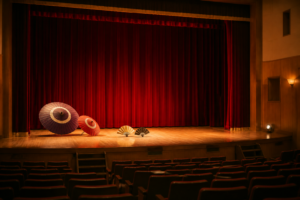 赤い緞帳と和傘で2007年の猿ヶ京温泉舞台公演案内を表現した生成ビジュアル