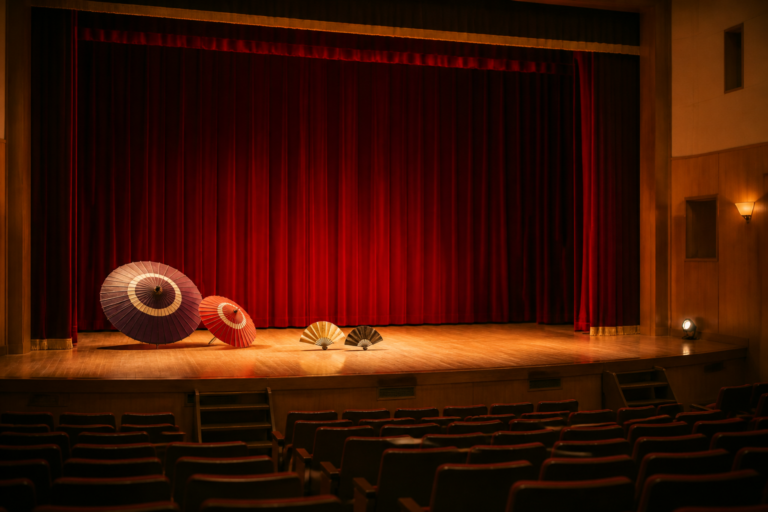 赤い緞帳と和傘で2007年の猿ヶ京温泉舞台公演案内を表現した生成ビジュアル