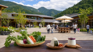 山に囲まれた道の駅で地元野菜とおにぎりとヨーグルトを楽しむ生成画像