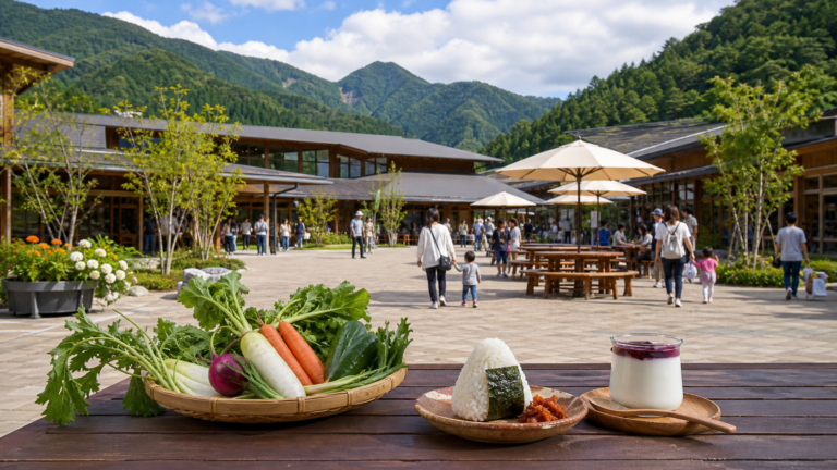 山に囲まれた道の駅で地元野菜とおにぎりとヨーグルトを楽しむ生成画像