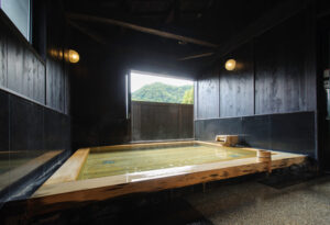 山の緑を望む旅籠屋丸一の蔵の湯の浴槽