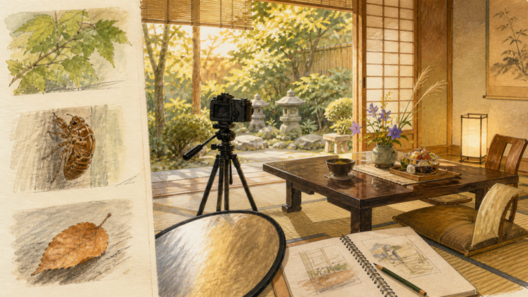 夏の終わりの宿でカメラを据えて撮影準備をする様子を描いた生成ビジュアル
