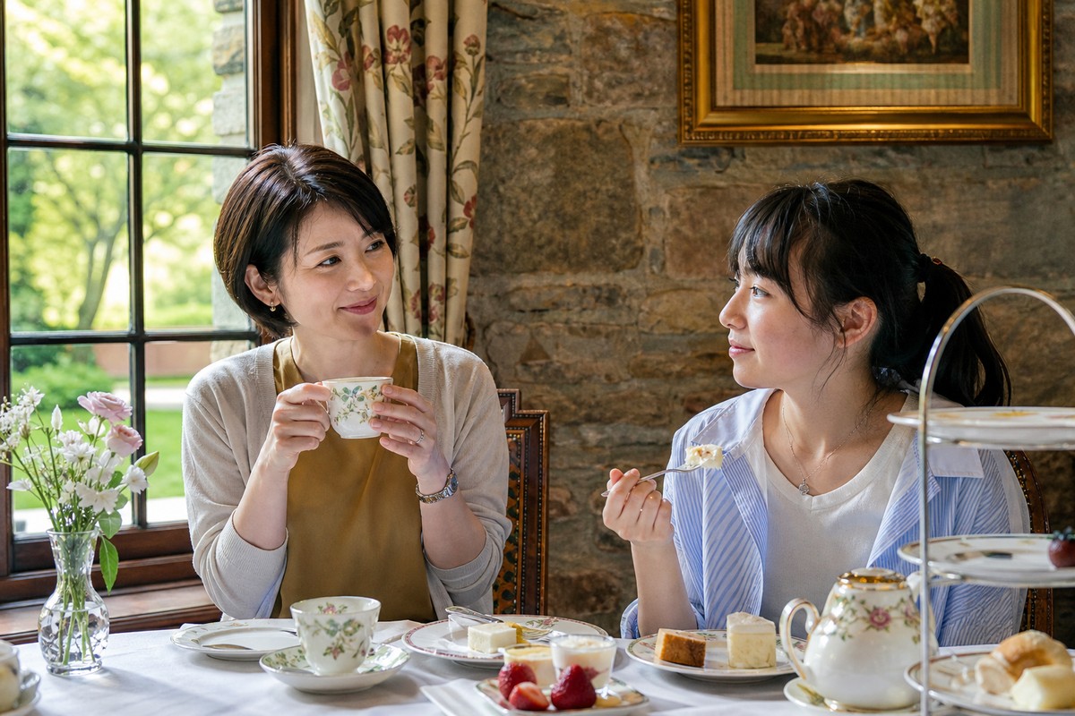 洋服姿の親子が英国風のティールームで休憩する利用イメージ