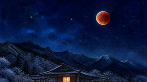 雪山の上に赤銅色の皆既月食が浮かぶ冬の夜空を描いた挿絵