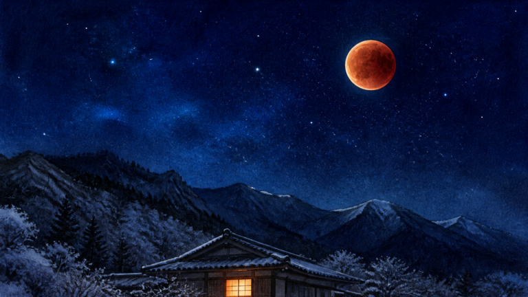 雪山の上に赤銅色の皆既月食が浮かぶ冬の夜空を描いた挿絵
