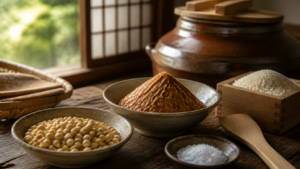 大豆と米麹と塩、樽、出来上がった手作り味噌の生成イメージ