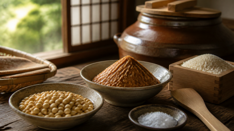 大豆と米麹と塩、樽、出来上がった手作り味噌の生成イメージ