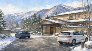 雪の山あいにある温泉宿の駐車場と車での到着を描いた生成ビジュアル