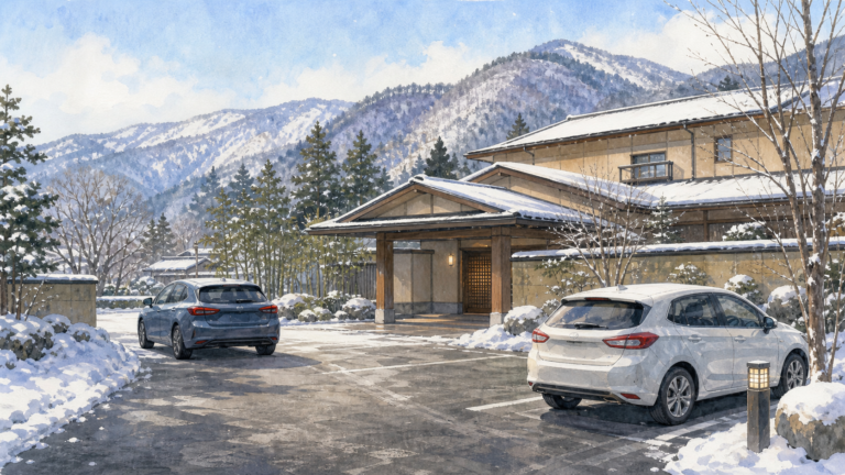 雪の山あいにある温泉宿の駐車場と車での到着を描いた生成ビジュアル