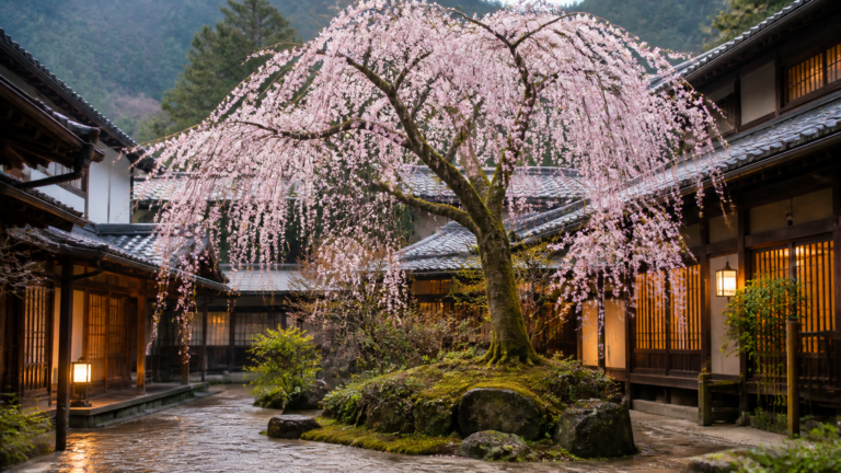 歴史ある温泉宿の中庭に咲くしだれ桜を想起させる生成イメージ