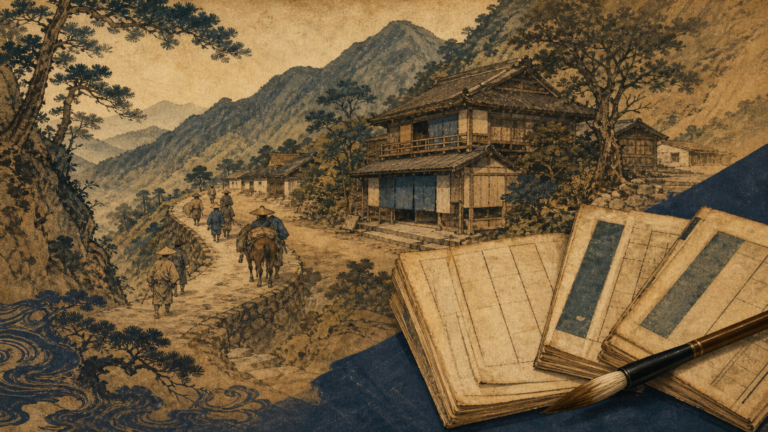 三国街道の山道と古い名録を歴史資料風に描いた挿絵