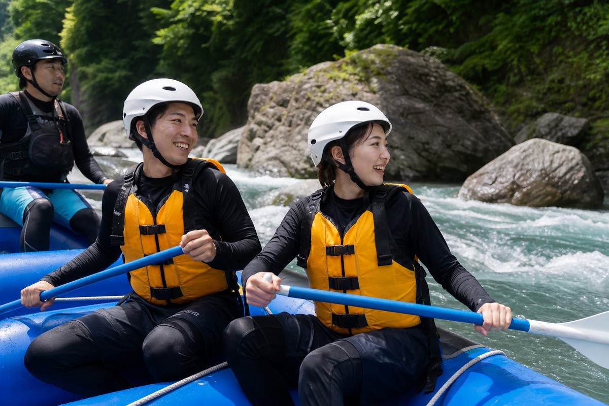 みなかみの山あいでラフティングを楽しむカップル
