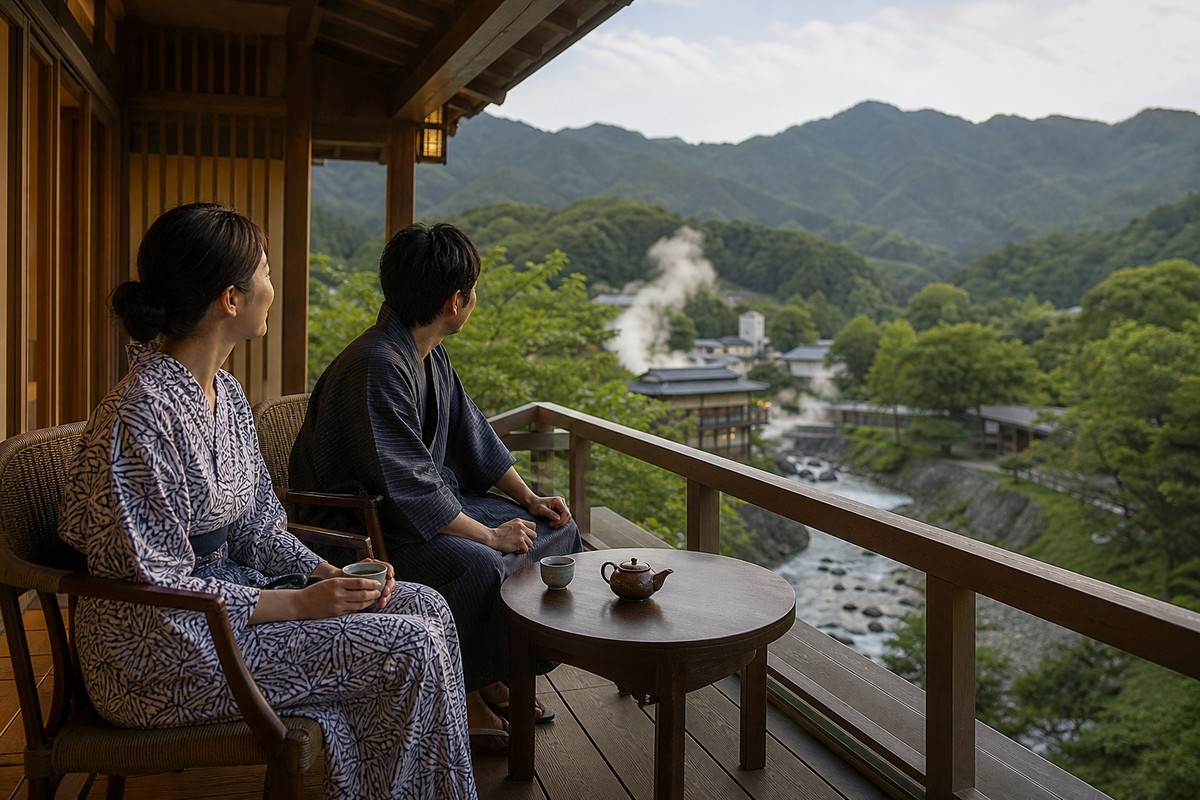温泉宿の縁側で山を眺めるカップル