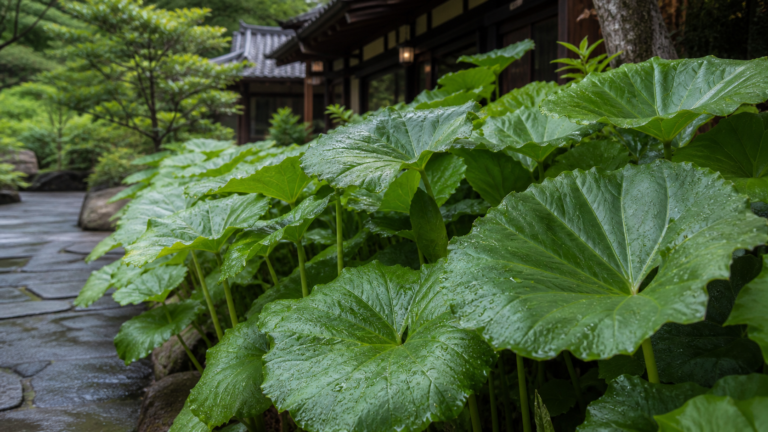 雨上がりの山里の宿の庭に大きな葉を広げるフキを表現した生成イメージ