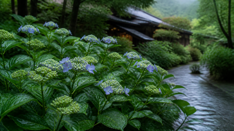 雨上がりの山里の宿で咲き始めを待つ青い紫陽花を表現した生成イメージ