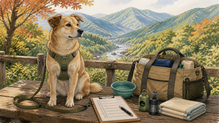 みなかみへのペット旅行で犬用の持ち物と確認項目を準備する生成ビジュアル