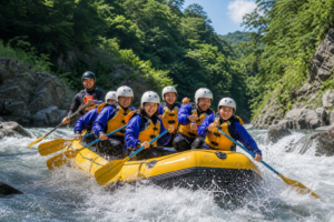 みなかみ町の利根川で急流を下るラフティングのイメージ