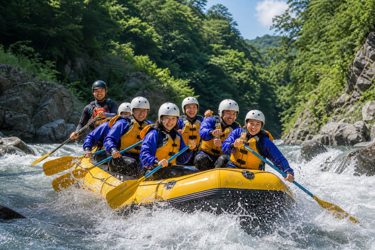 みなかみ町の利根川で急流を下るラフティングのイメージ