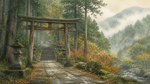 みなかみ町の山あいにある架空の神社境内と鳥居を描いた生成ビジュアル