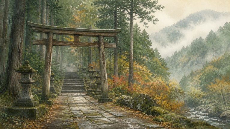 みなかみ町の山あいにある架空の神社境内と鳥居を描いた生成ビジュアル
