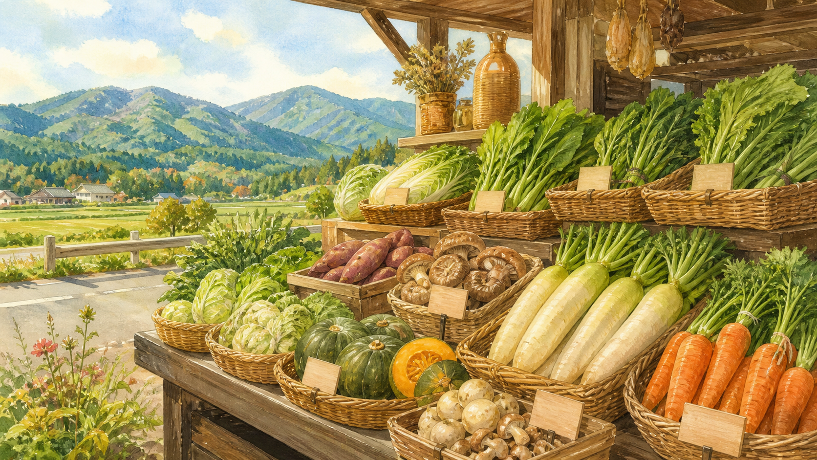 山並みを望む直売所に季節の野菜が並ぶ様子を描いた挿絵