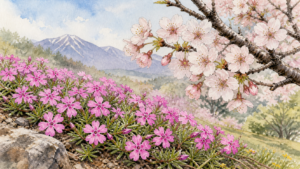 地面を覆う芝桜と木に咲く桜の姿や花の違いを比較した生成ビジュアル