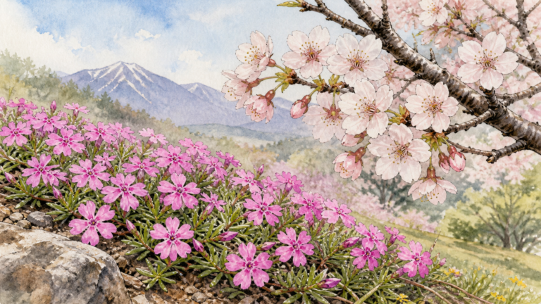地面を覆う芝桜と木に咲く桜の姿や花の違いを比較した生成ビジュアル