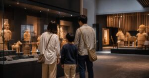 古墳時代の展示を家族で眺める群馬の歴史博物館旅行イメージ