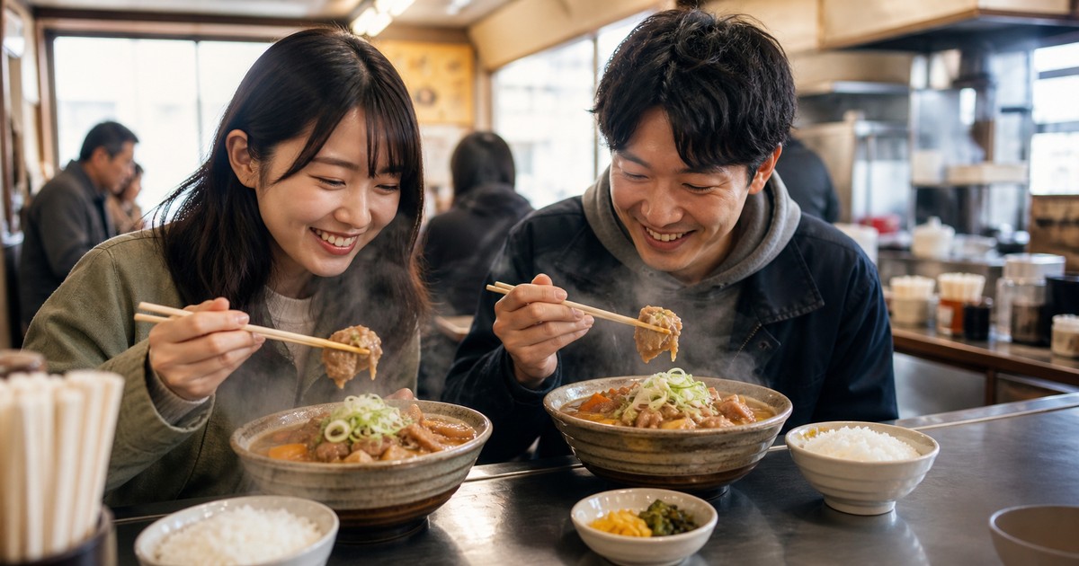 群馬の街道沿い食堂でもつ煮をおいしそうに味わうカップルの利用イメージ