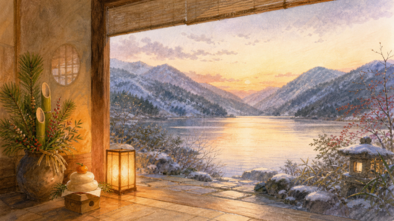 雪山と湖の初日の出を正月飾りのある宿から望む新年の挿絵