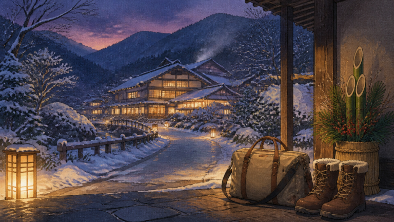 雪の温泉宿へ向かう年末年始旅行と冬支度を描いた生成ビジュアル