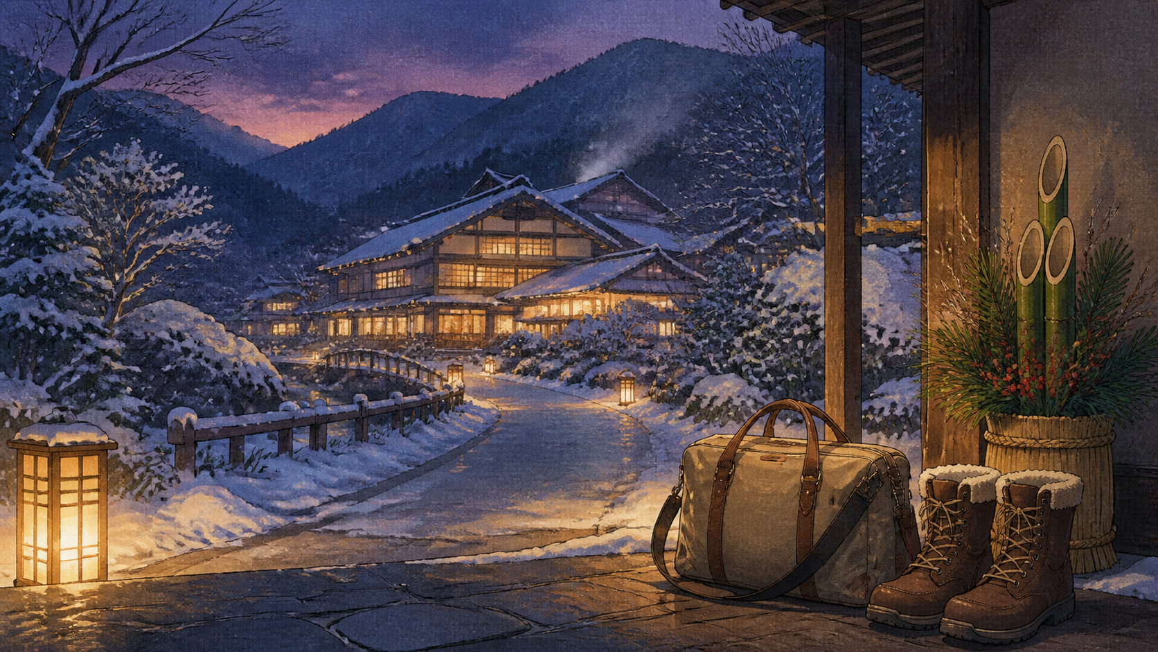 雪の温泉宿へ向かう年末年始旅行と冬支度を描いた生成ビジュアル