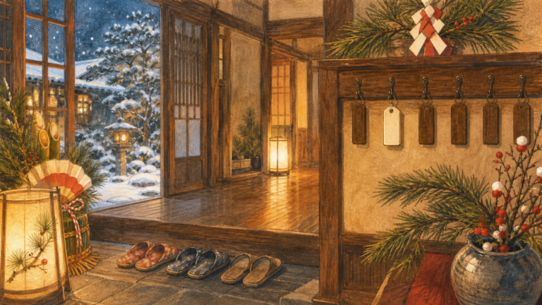 雪の年始にお客様を待つ旅館の玄関を描いた生成ビジュアル