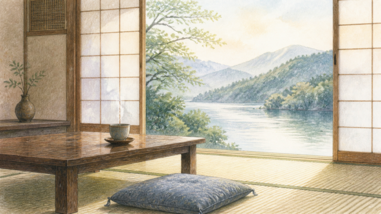 湖と山を望む静かな畳の間でお茶と余白を楽しむ挿絵