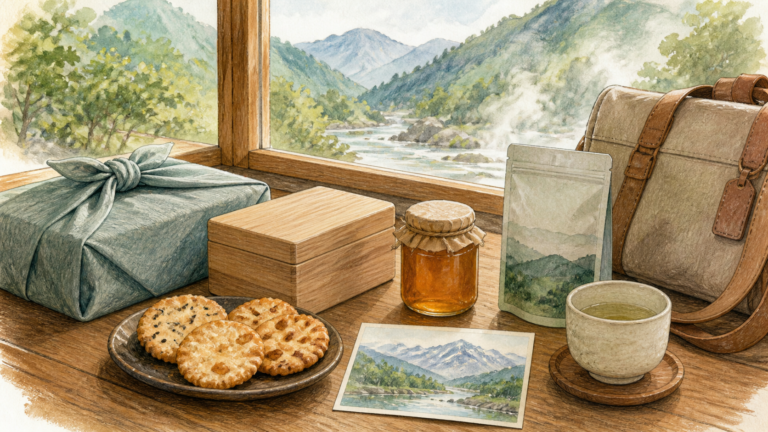 山の景色を望む机に旅のお土産候補を並べた温かな挿絵