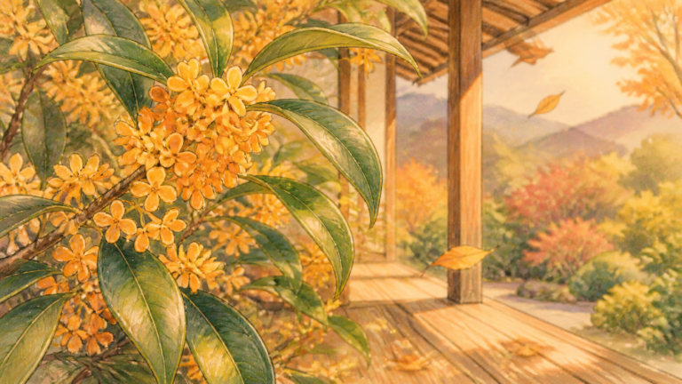 秋の山里の縁側近くで金木犀の橙色の花が咲く挿絵
