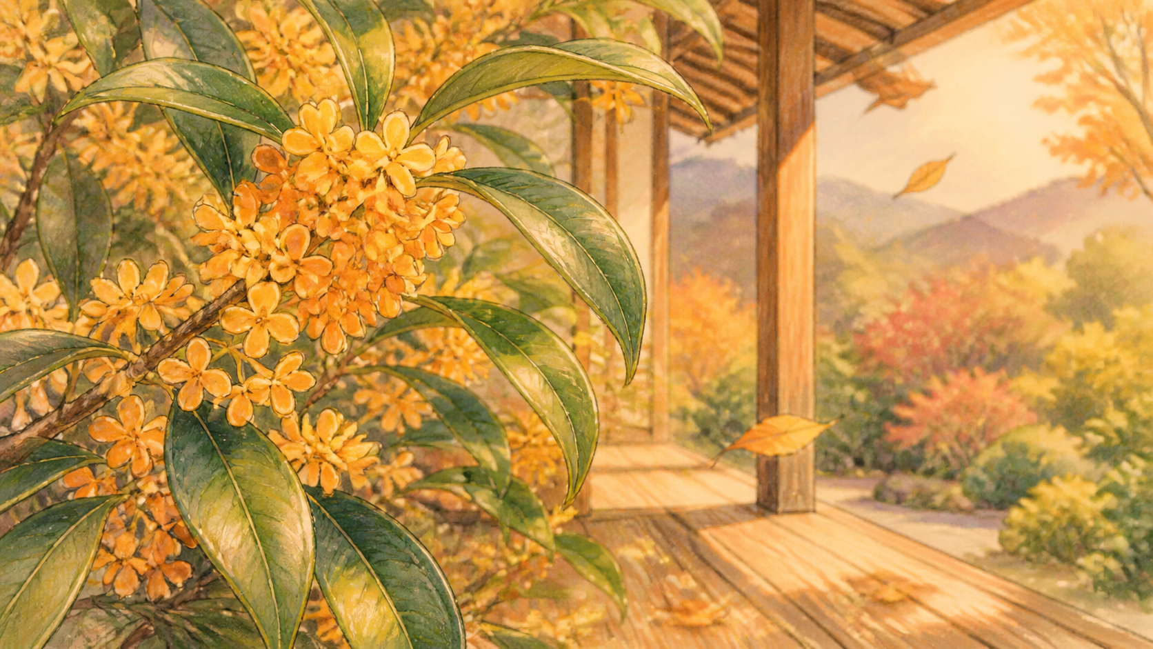 秋の山里の縁側近くで金木犀の橙色の花が咲く挿絵