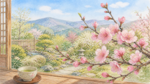 春の山里でやわらかな桃色の花を咲かせた枝を描く生成ビジュアル