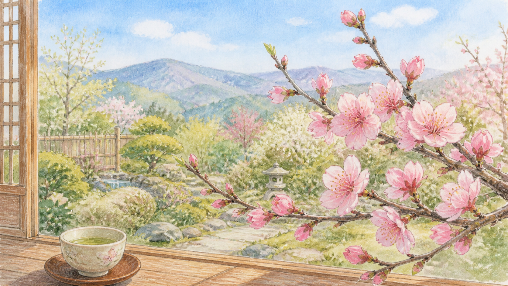春の山里でやわらかな桃色の花を咲かせた枝を描く生成ビジュアル